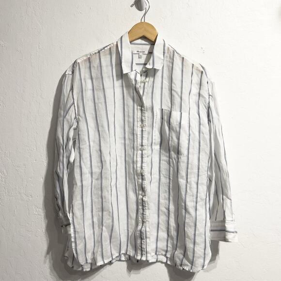 Madewell Shirt Small Button Down Stripe Ramie Long Sleeve White Blue Oversized - Picture 1 of 6